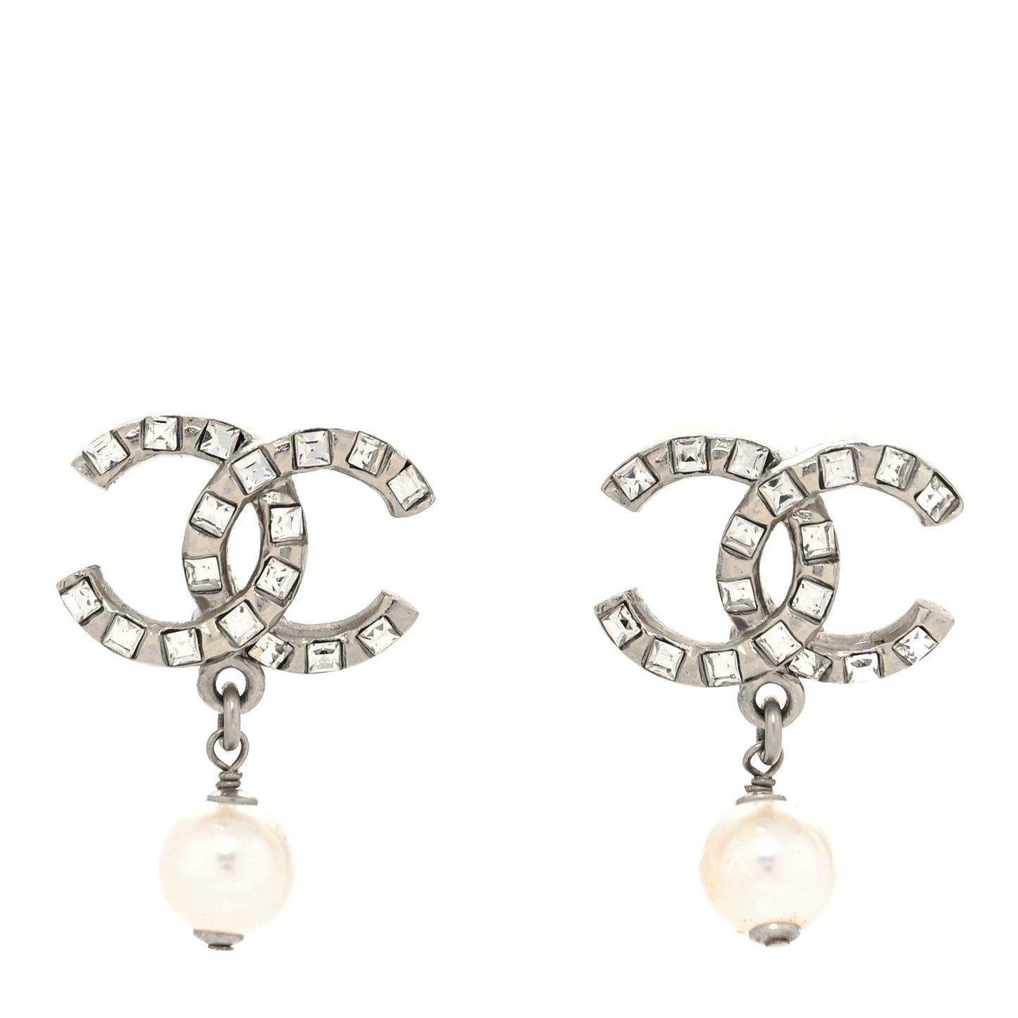 Crystal Baguette Pearl CC Drop Earrings Silver