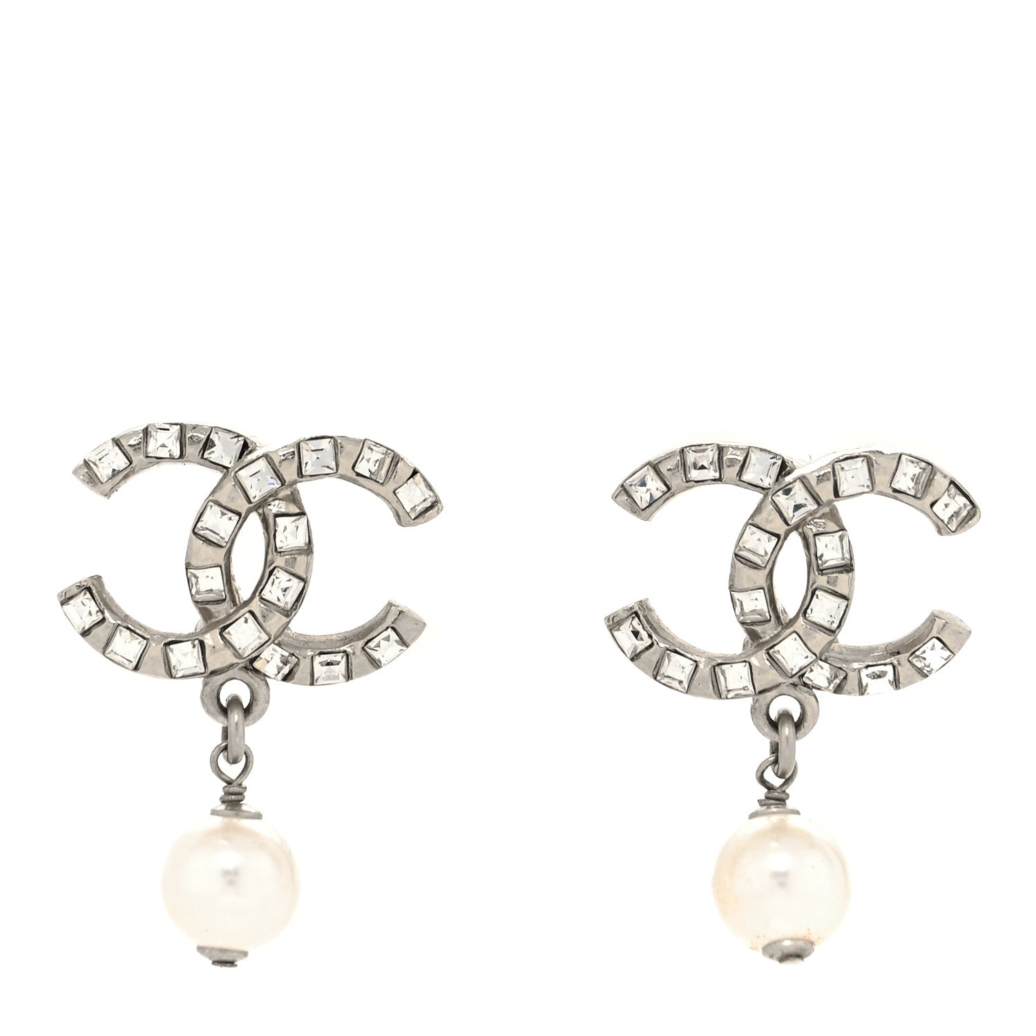 Chanel Crystal Baguette Pearl CC Drop Earrings Silver 1 of 4