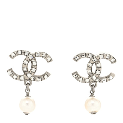 Chanel Crystal Baguette Pearl CC Drop Earrings Silver 1 of 4
