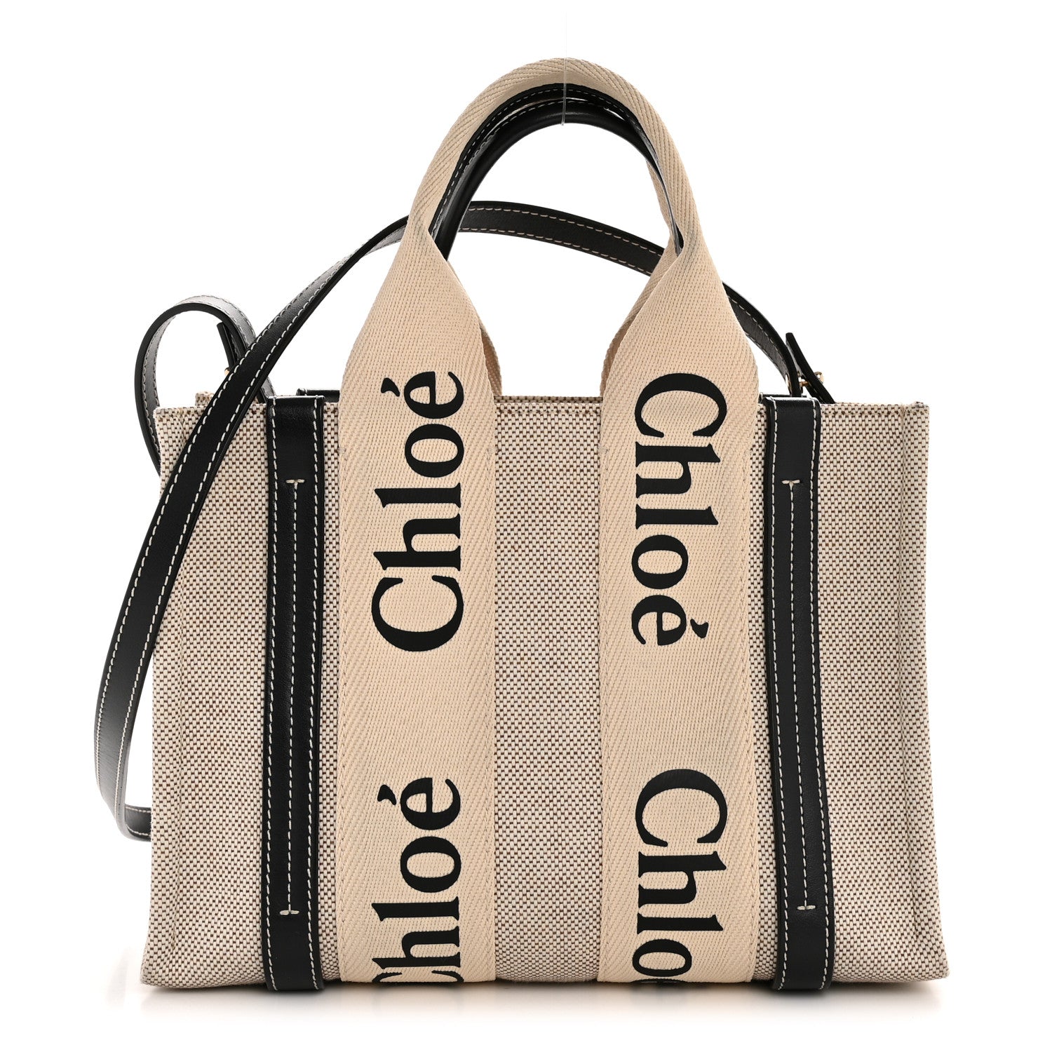 Chloe Cotton Calfskin Small Woody Ribbon Tote With Strap White Navy 1 of 12