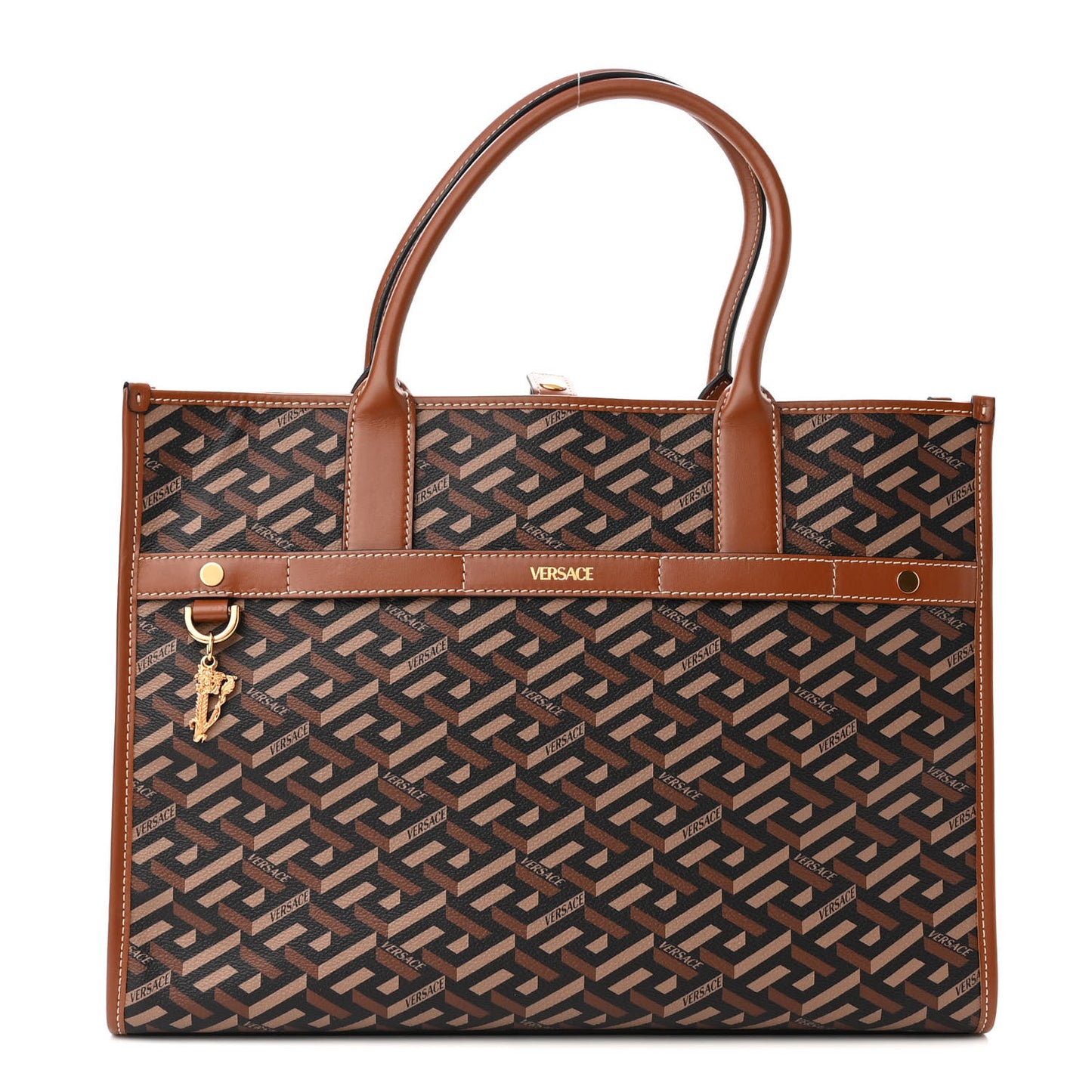 Coated Canvas Calfskin La Greca Signature Tote Bag Black Caramel