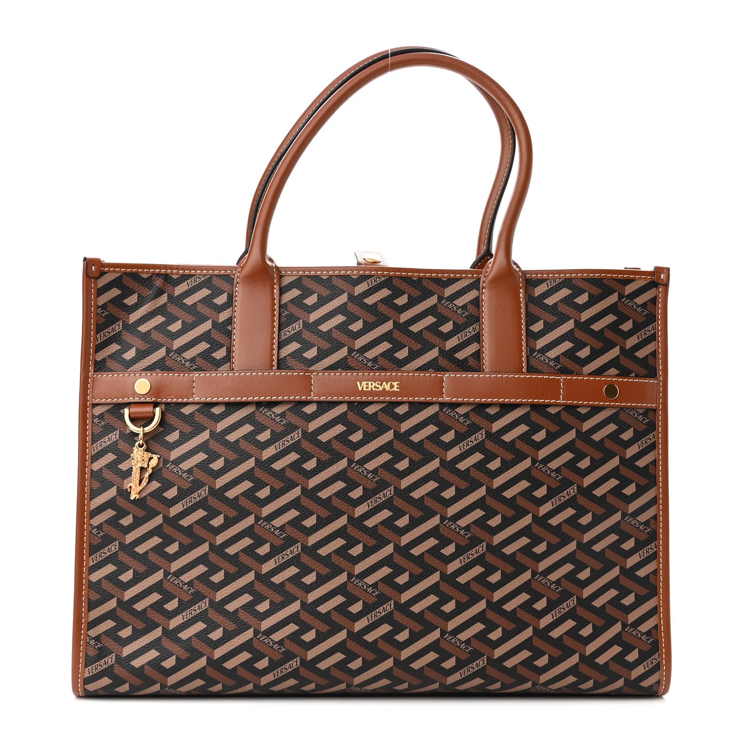 Versace Coated Canvas Calfskin La Greca Signature Tote Bag Black Caramel 1 of 9