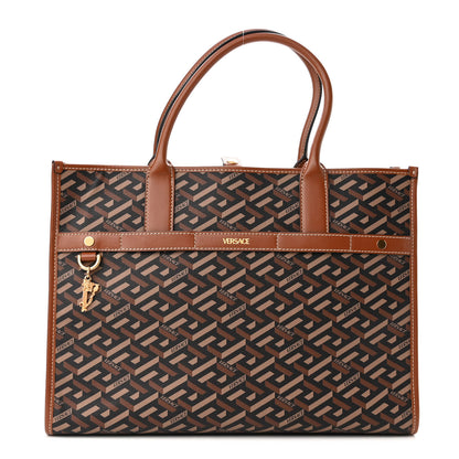 Versace Coated Canvas Calfskin La Greca Signature Tote Bag Black Caramel 1 of 9