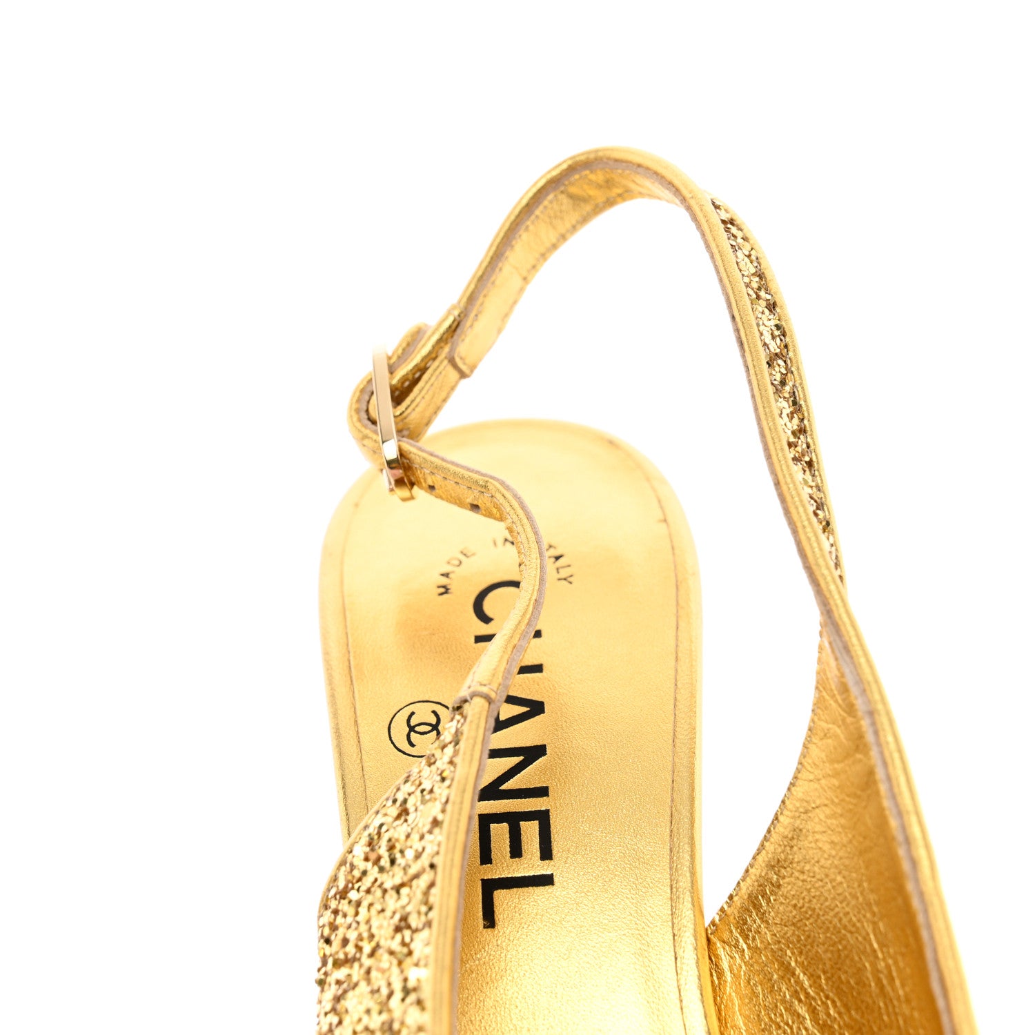 Chanel Glitter Grosgrain Cap Toe CC Slingback Pumps 39.5 Gold Black 6 of 17