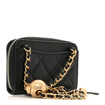 Chanel Lambskin Quilted CC Pearl Crush Zip Card Holder On Chain Black 2 of 10