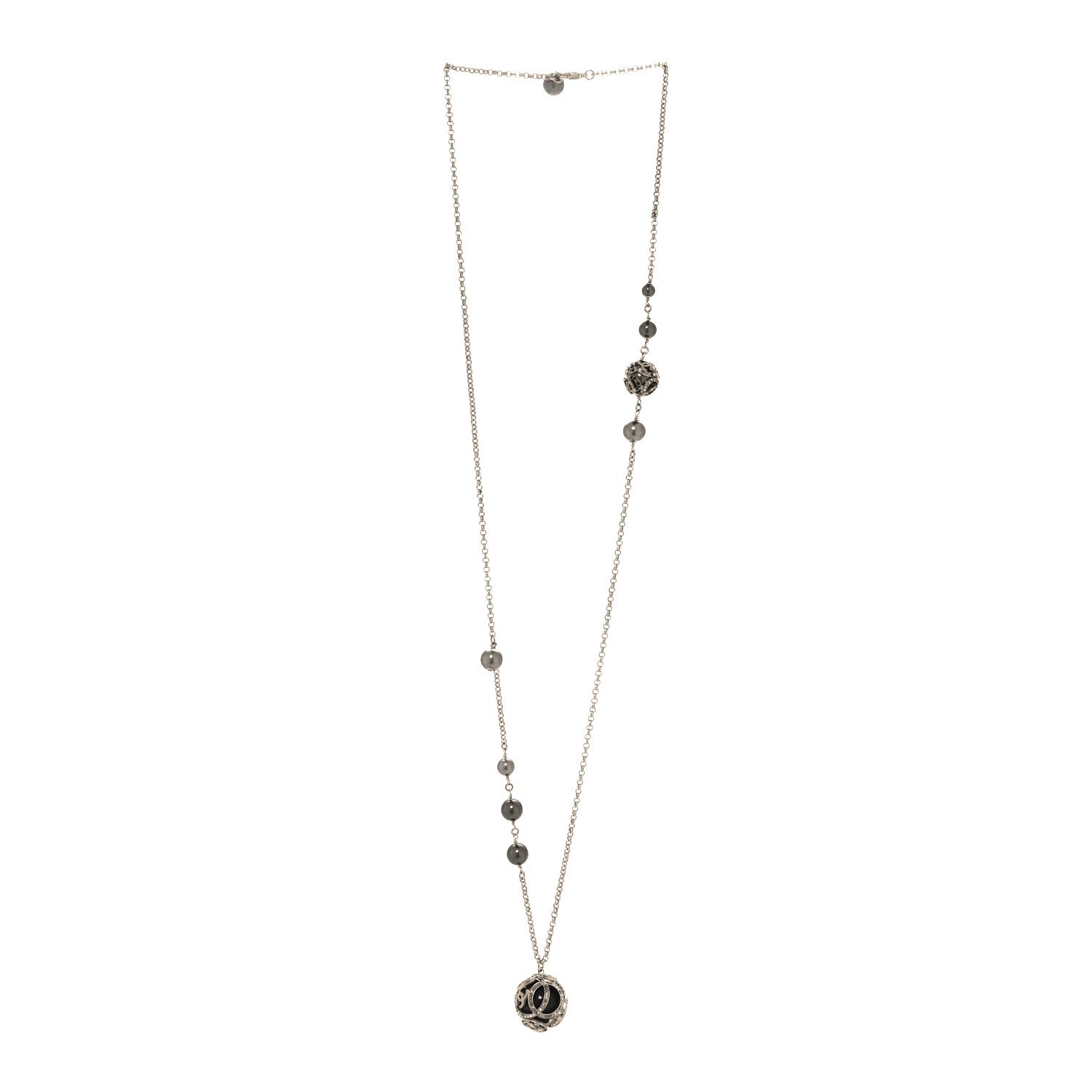 Chanel Pearl Crystal CC Long Necklace Silver Black 3 of 4