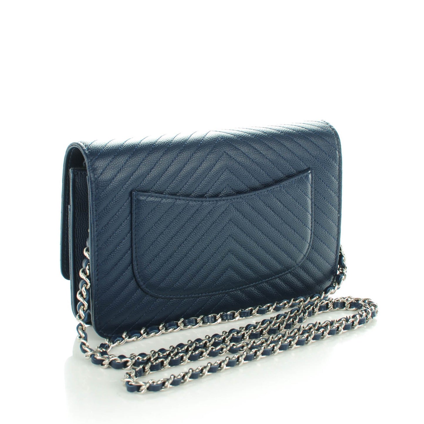 Caviar Chevron Quilted Wallet On Chain WOC Navy Blue