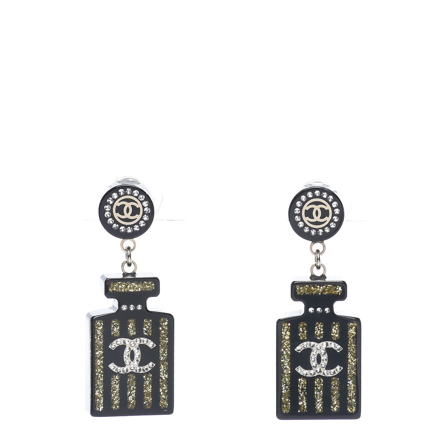 Resin Strass Perfume Bottle CC Earrings Black Gold