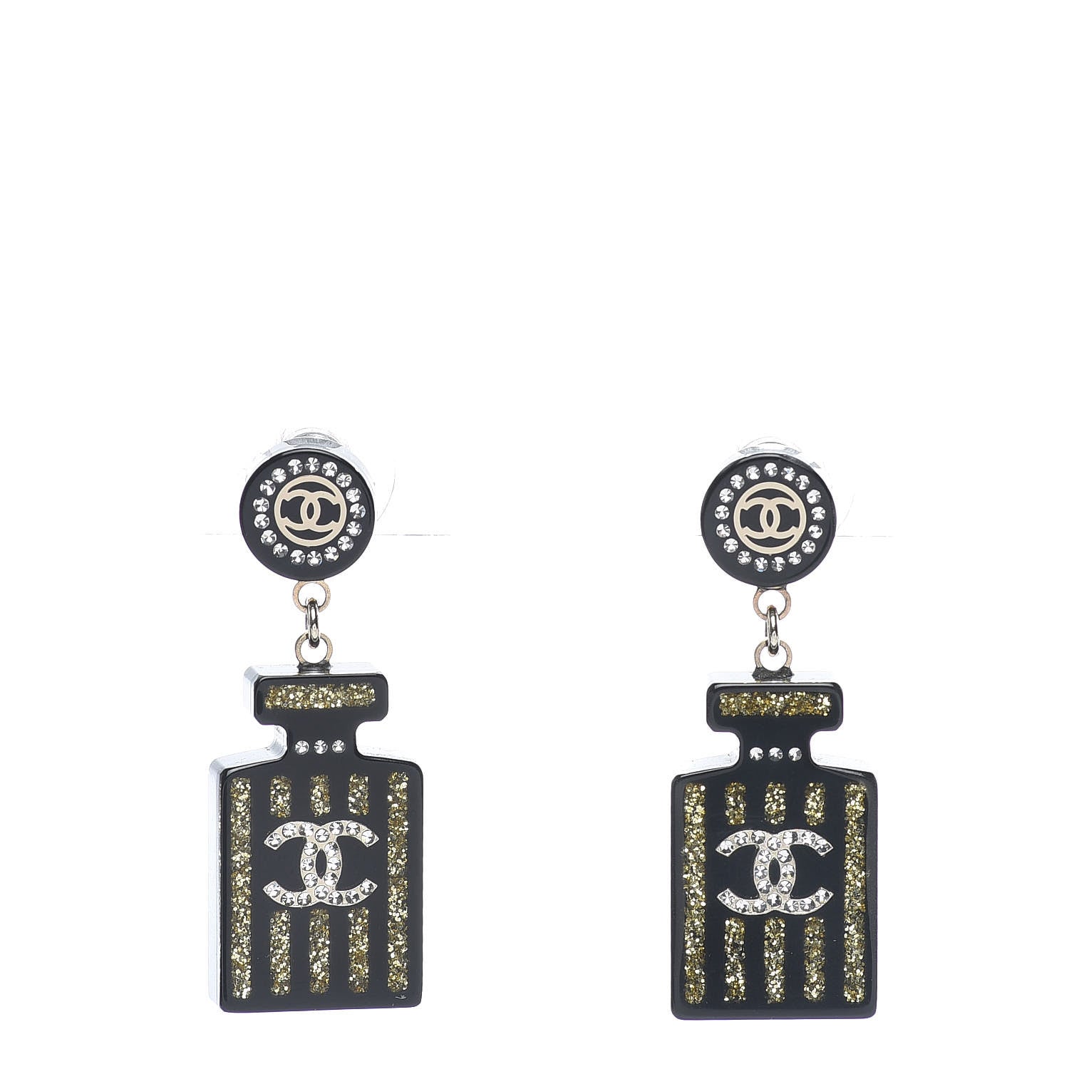 Chanel Resin Strass Perfume Bottle CC Earrings Black Gold 1 of 5