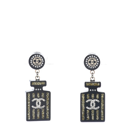 Chanel Resin Strass Perfume Bottle CC Earrings Black Gold 1 of 5