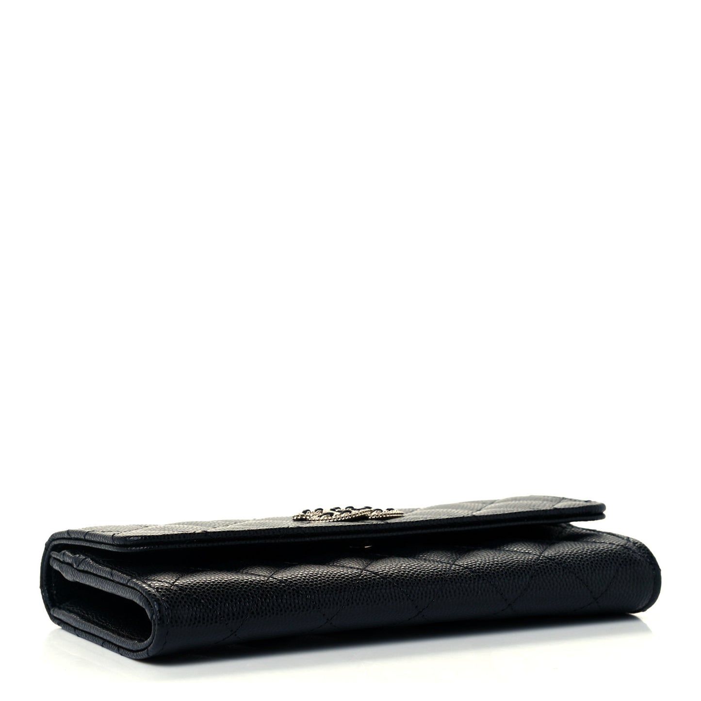 Caviar Quilted Crystal CC Large Gusset Flap Wallet Black