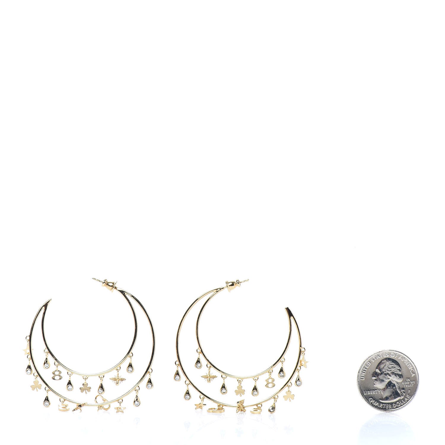 Christian Dior Crystal Charms Double Hoop Earrings Gold White 2 of 4