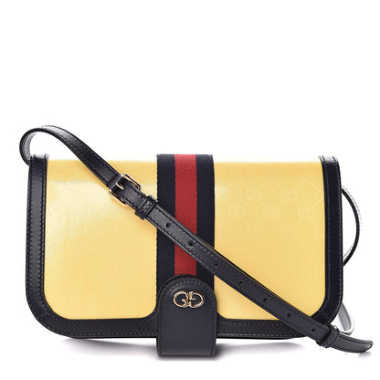 Gucci Crystal Monogram Plutone Calfskin Web Ophidia Flap Messenger Bag Straw Yellow Blue 1 of 10