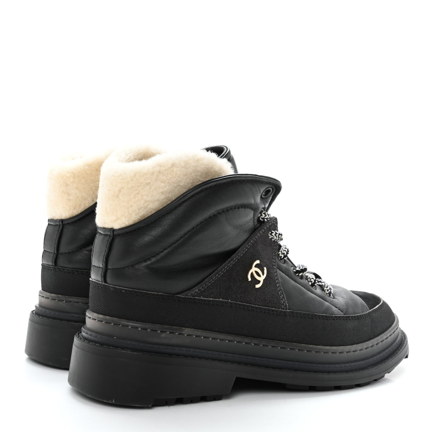 Lambskin Shearling Suede CC High Lace Up Boots 38 Black