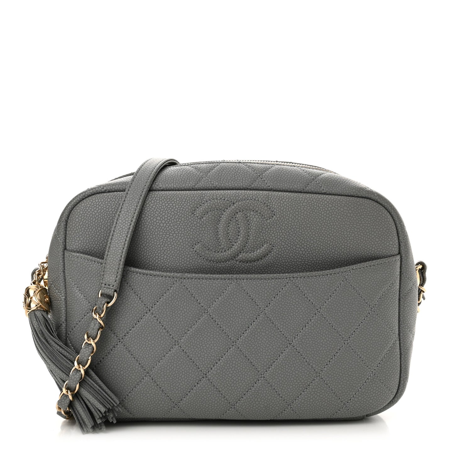 Iridescent Caviar Flat Quilted Small Coco Tassel Camera Case Grey