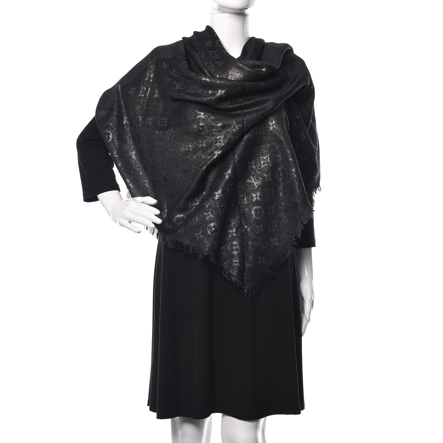 Silk Wool Monogram Shine Shawl Black