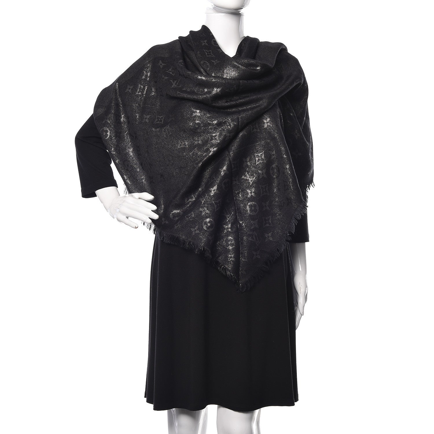 Louis Vuitton Silk Wool Monogram Shine Shawl Black 2 of 3