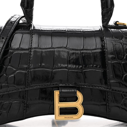 Balenciaga Shiny Calfskin Crocodile Embossed Hourglass Top Handle Bag XS Black 7 of 10