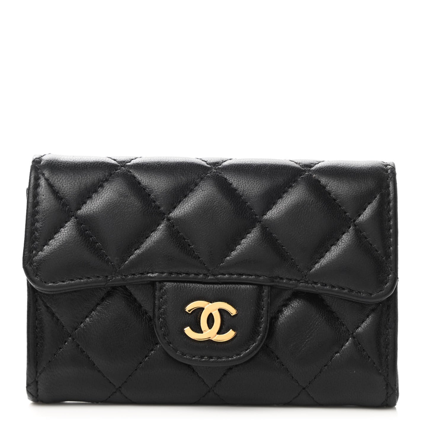 Lambskin Quilted Flap Card Holder Wallet Black