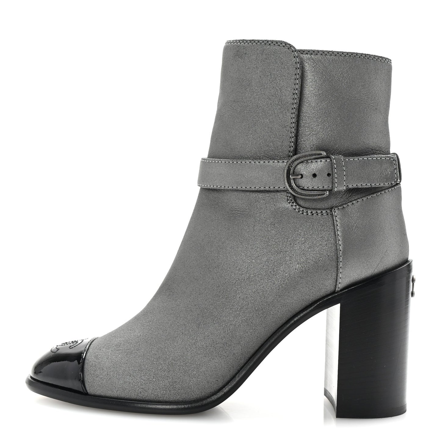 Suede Kidskin Patent Cap Toe Interlocking CC Ankle Boots 39 Dark Silver Black