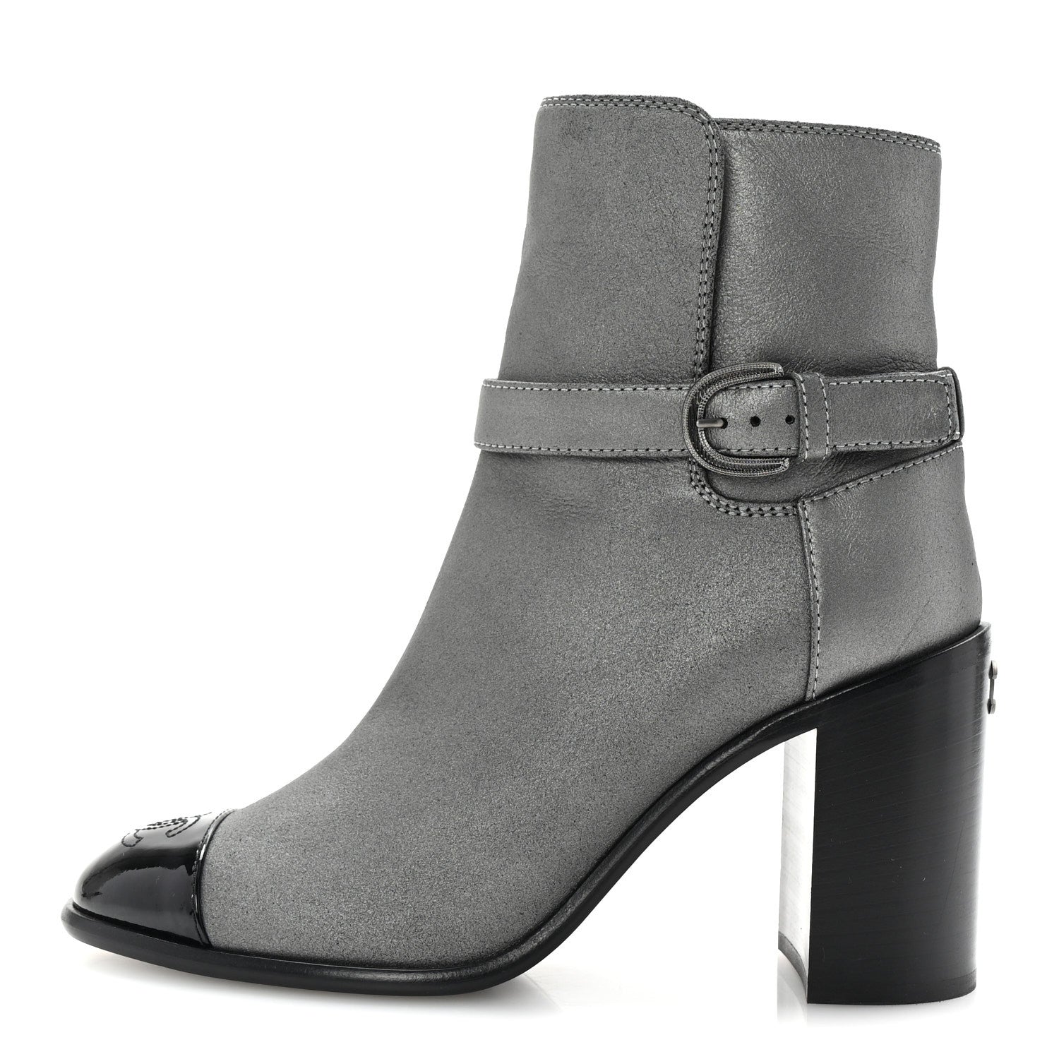 Chanel Suede Kidskin Patent Cap Toe Interlocking CC Ankle Boots 39 Dark Silver Black 1 of 10