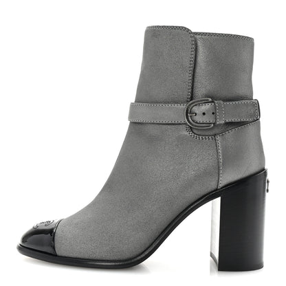 Chanel Suede Kidskin Patent Cap Toe Interlocking CC Ankle Boots 39 Dark Silver Black 1 of 10