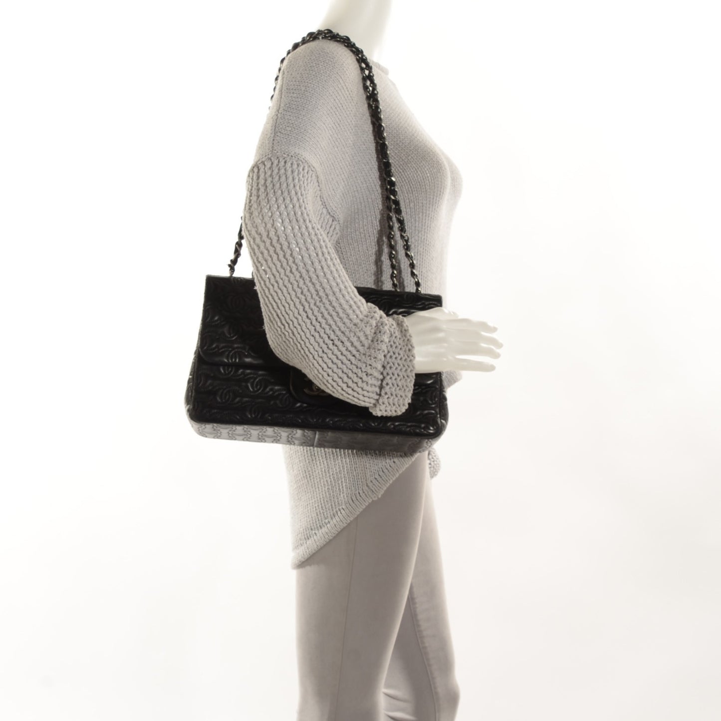Lambskin Embroidered Jumbo CC Follies Flap Black