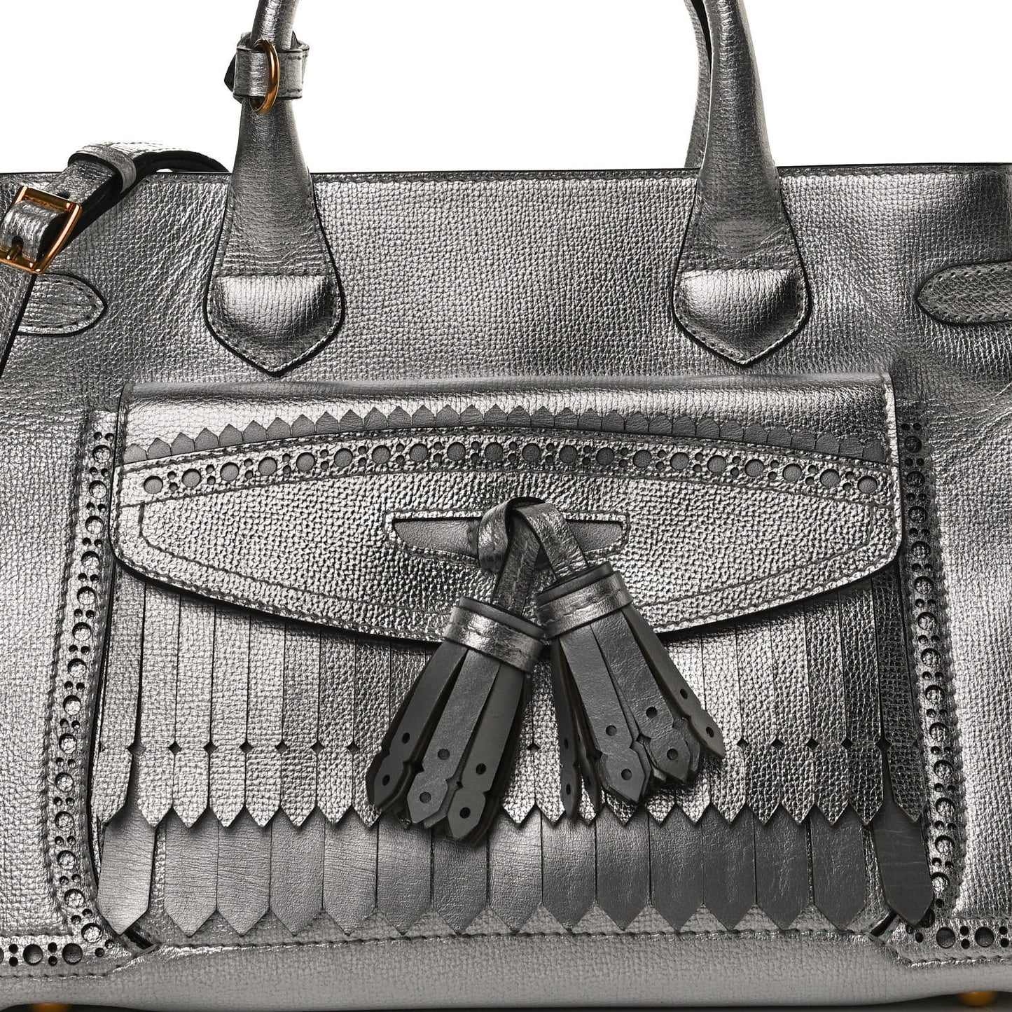 Metallic Calfskin Broguing Medium Banner Tote Silver