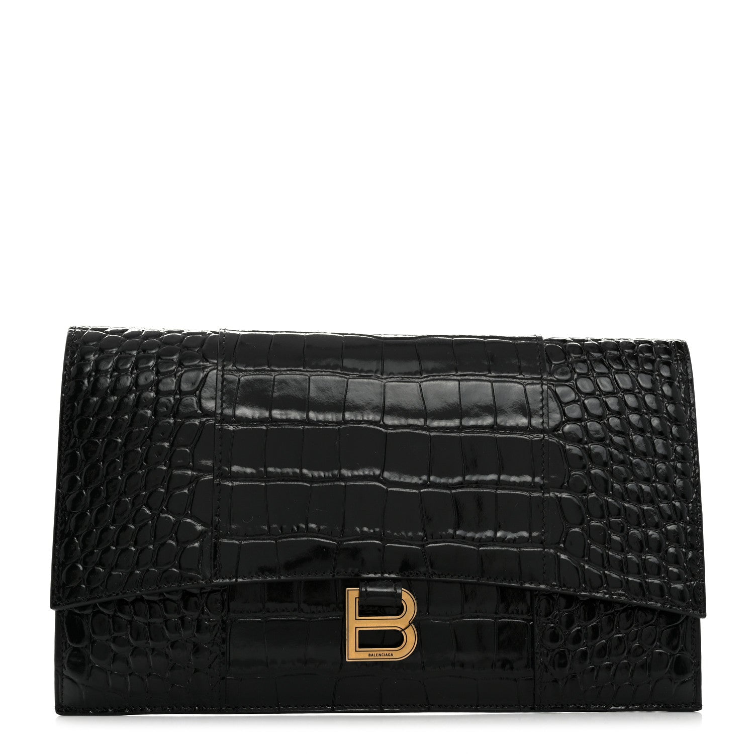 Balenciaga Shiny Calfskin Crocodile Embossed Hourglass Flap Flat Pouch Black 1 of 6