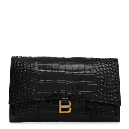 Balenciaga Shiny Calfskin Crocodile Embossed Hourglass Flap Flat Pouch Black 1 of 6