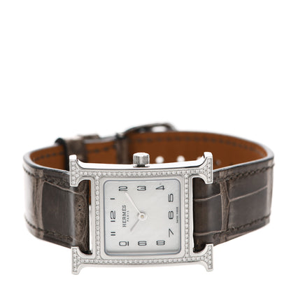 Hermes Stainless Steel Alligator Diamond Bezel Mother of Pearl 21mm Heure H Hour Quartz Watch Gris Elephant 2 of 5
