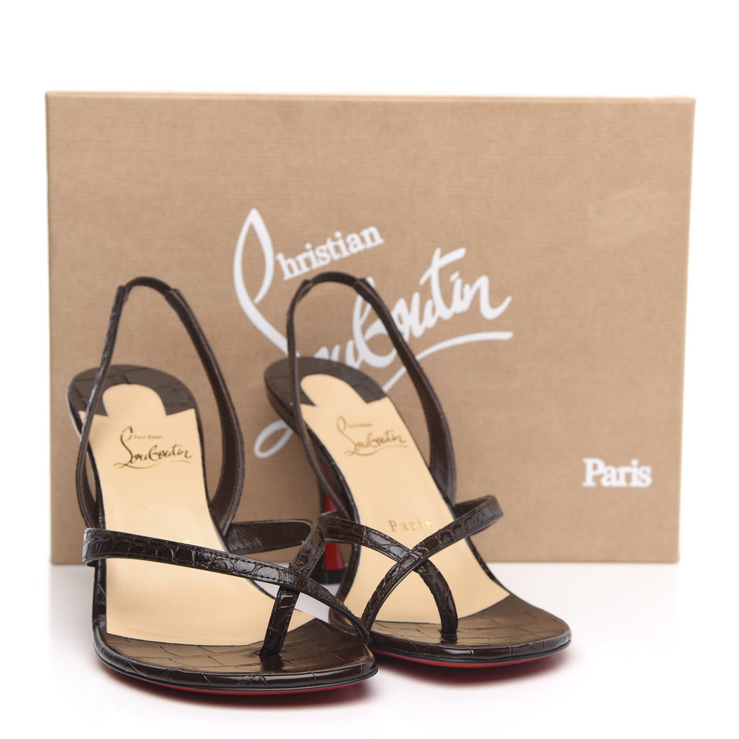 Calfskin Crocodile Embossed Taralita 85 Thong Sandals 38.5 Brown