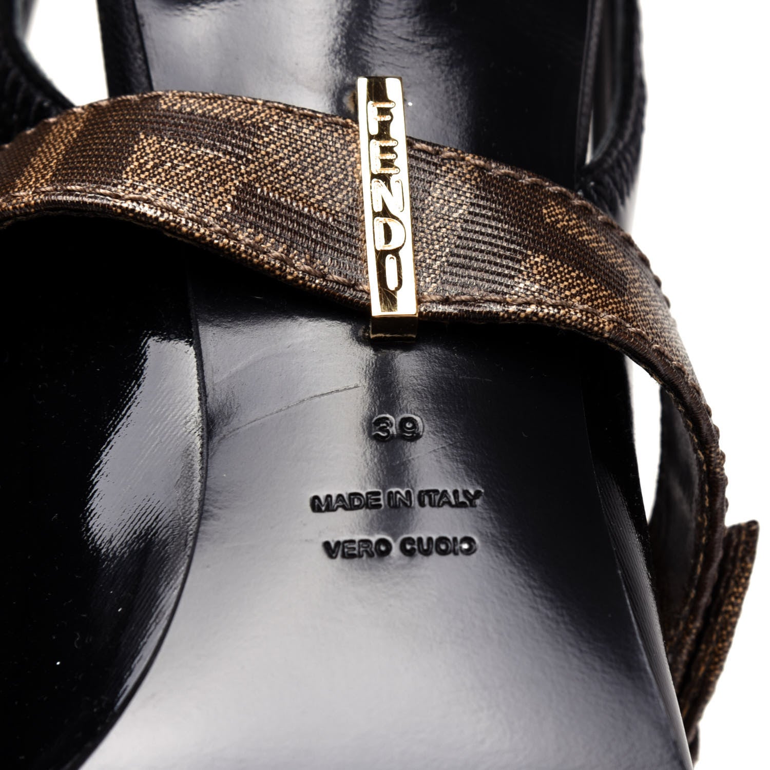 Fendi Glossy Neoprene Glazed Fabric FF FFrame Court Mary Jane Slingback Pumps 39 Black Tobacco Moro 9 of 9