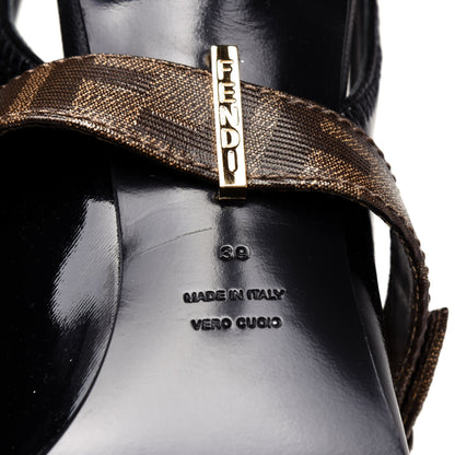 Fendi Glossy Neoprene Glazed Fabric FF FFrame Court Mary Jane Slingback Pumps 39 Black Tobacco Moro 9 of 9