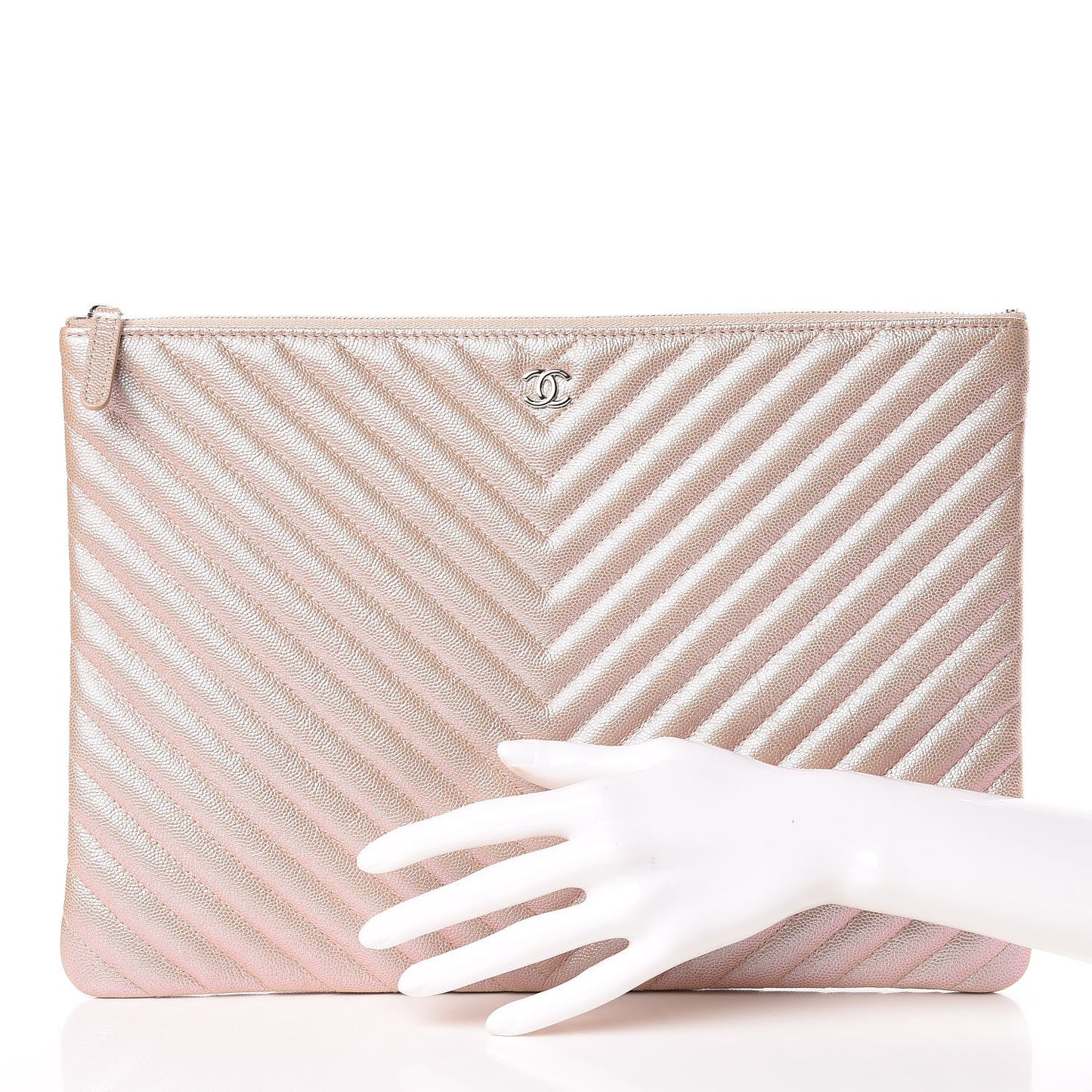 Iridescent Caviar Chevron Quilted Large Cosmetic Case Light Gold