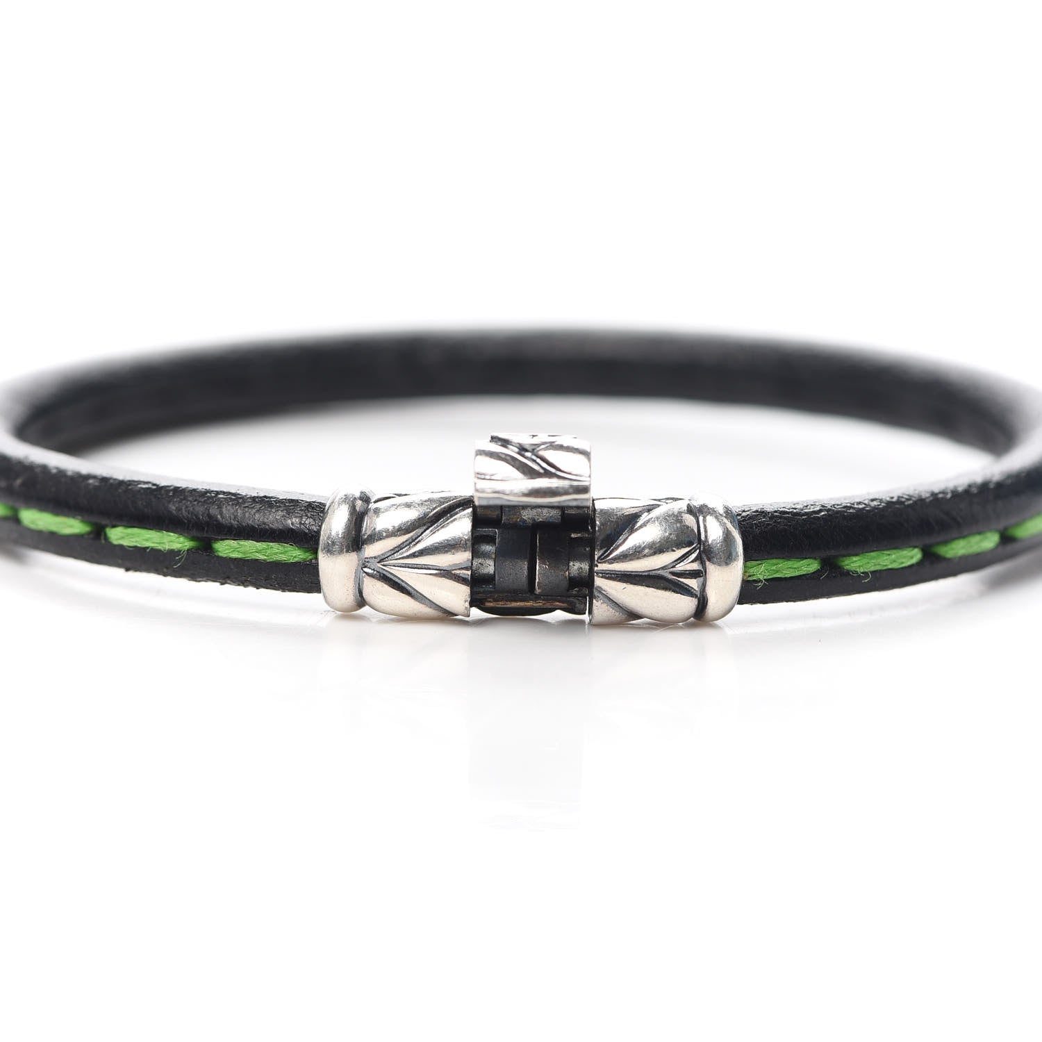 David Yurman Sterling Silver Black Leather Chevron Green Stitch Mens Bracelet 5 of 5