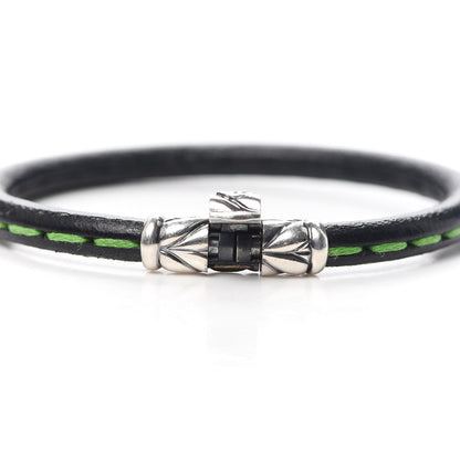 David Yurman Sterling Silver Black Leather Chevron Green Stitch Mens Bracelet 5 of 5