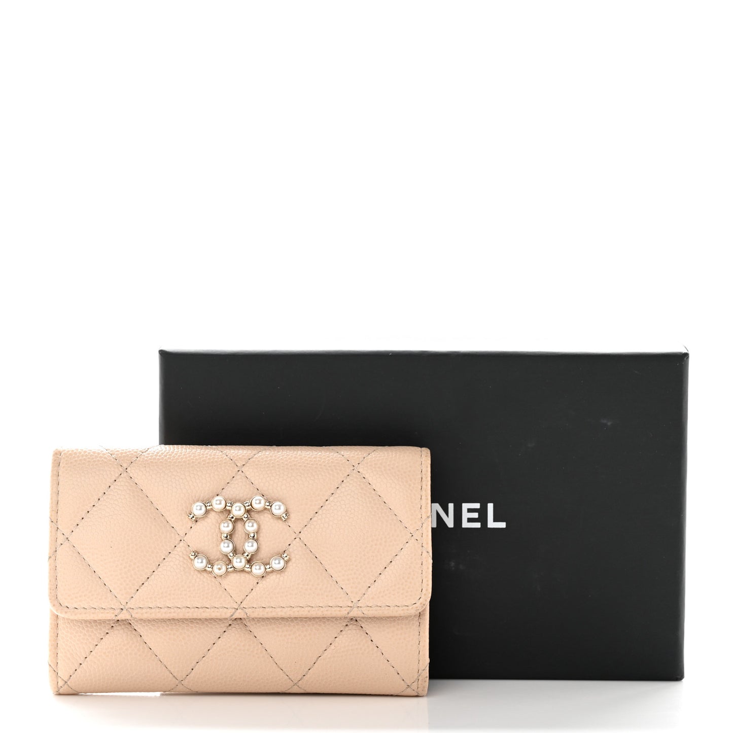 Caviar Pearl Quilted Coco Candy Flap Card Holder Beige