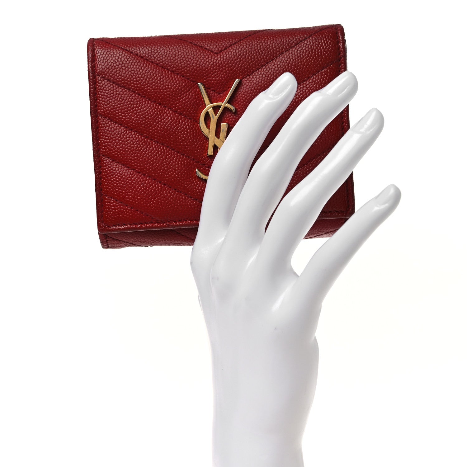 Saint Laurent Grain De Poudre Matelasse Chevron Monogram Compact Wallet Red 2 of 9