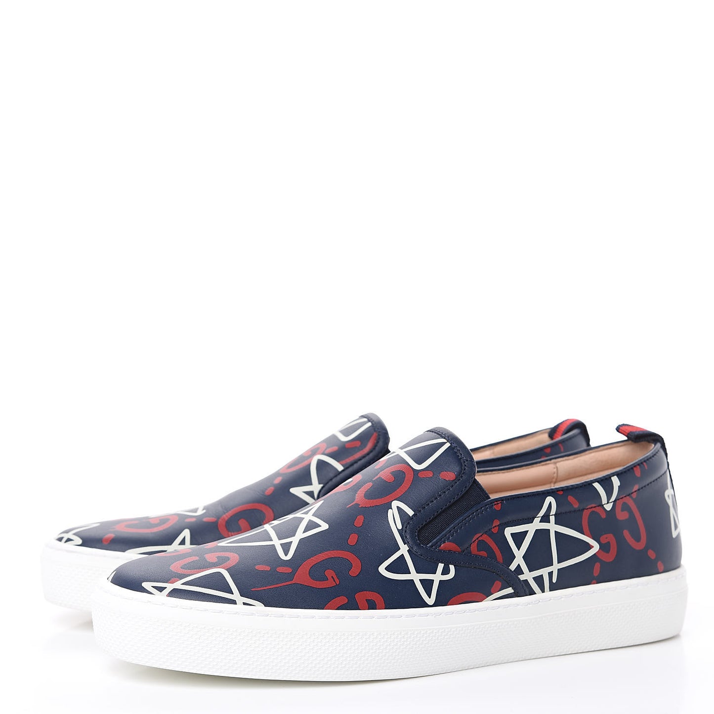 Calfskin GucciGhost Print Womens Slip On Sneakers 41 Blue Agata Hibiscus Red