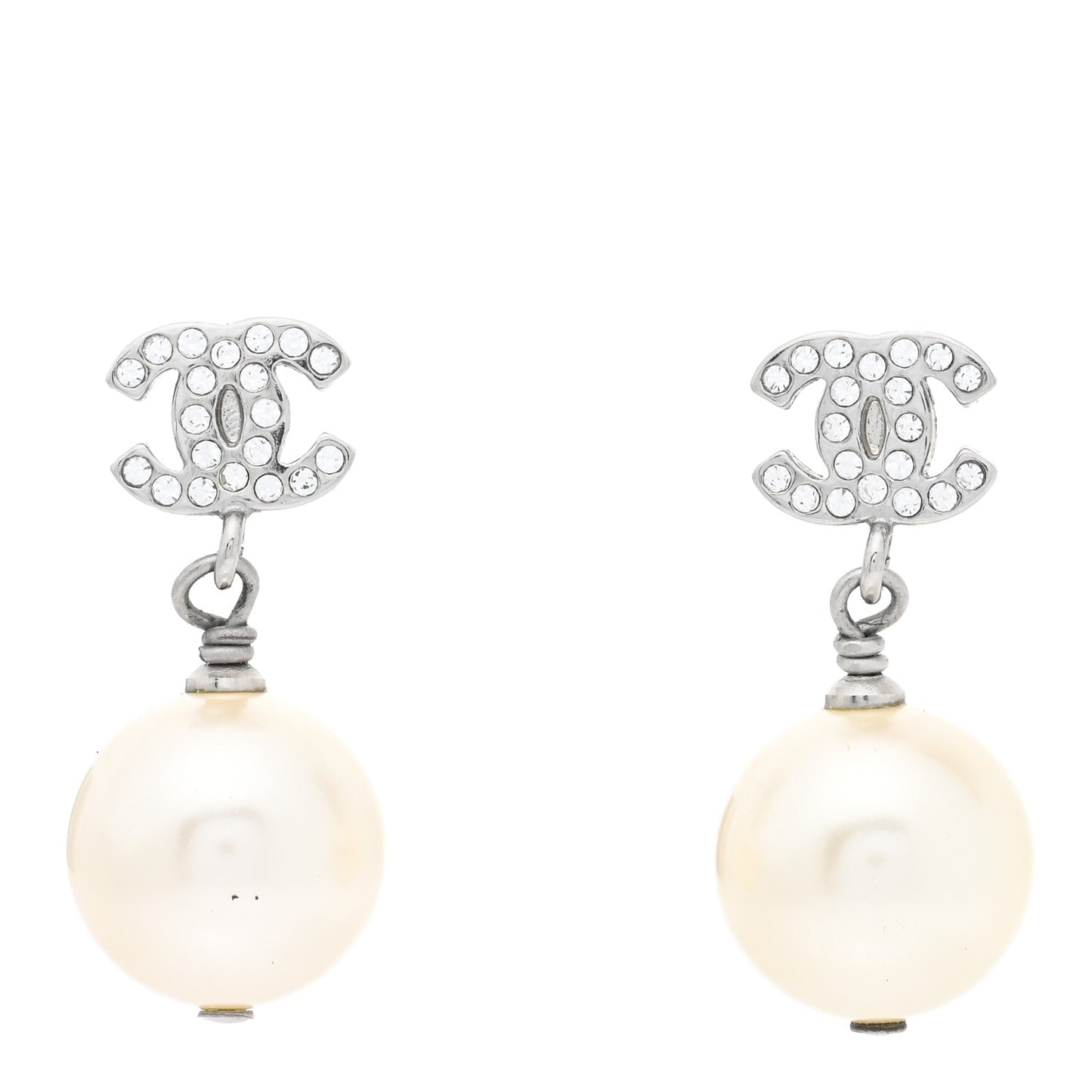 Crystal Pearl CC Drop Earrings Silver Pearly White