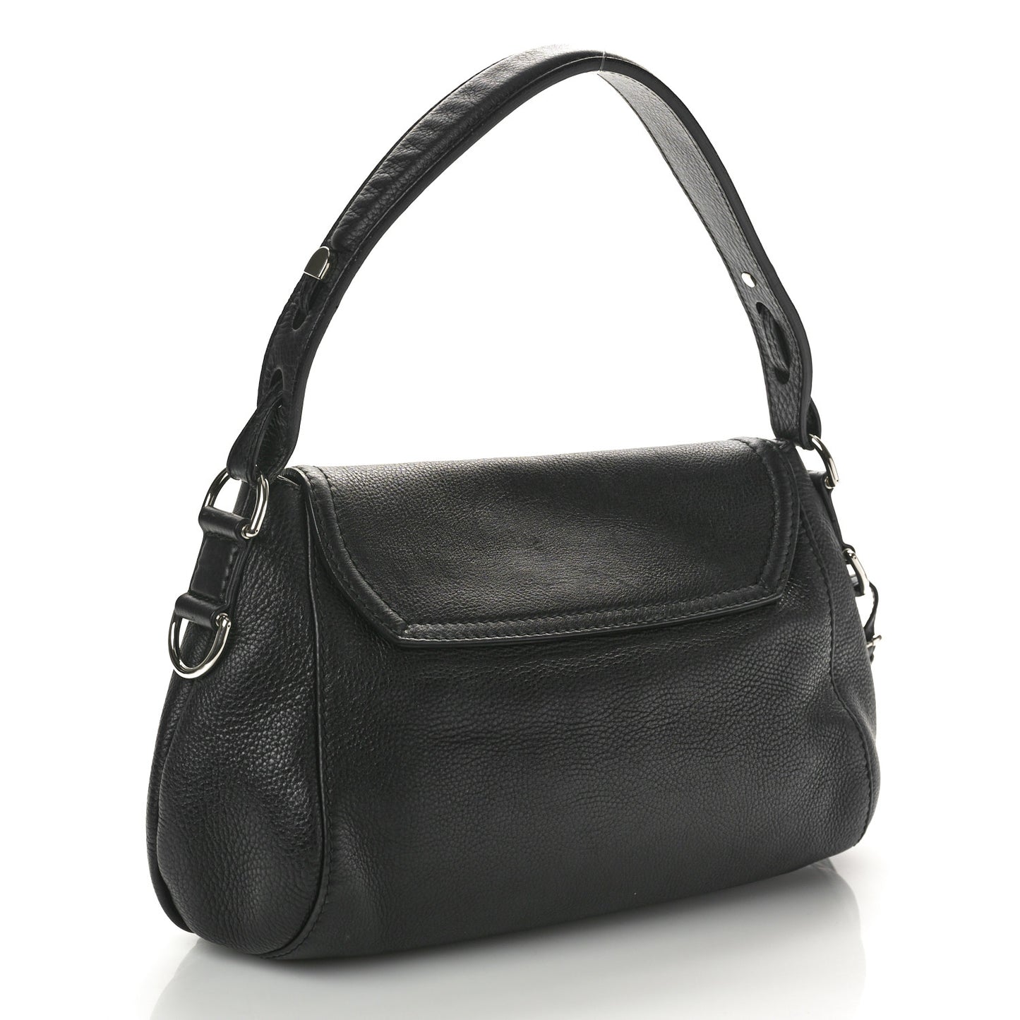 Pebbled Calfskin Medium Techno Horsebit Shoulder Flap Bag Black