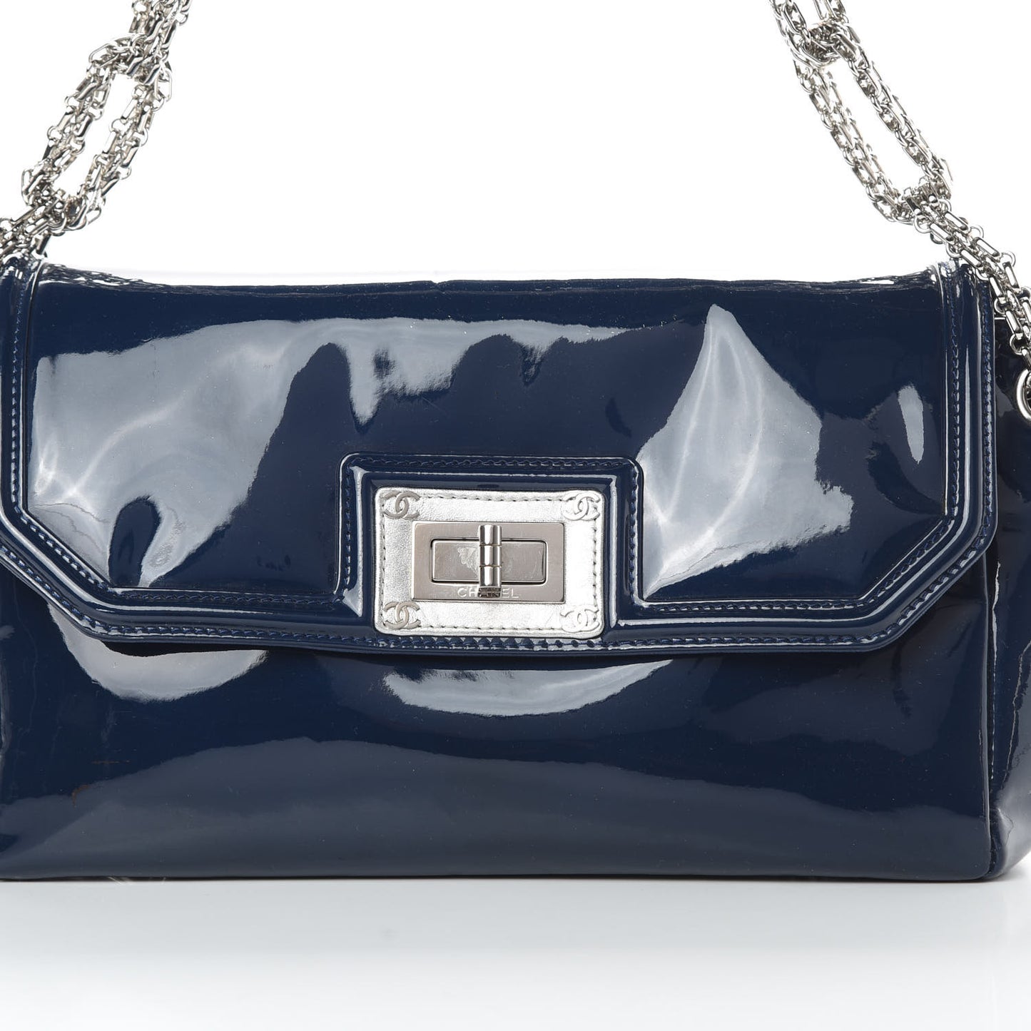 Patent Calfskin Mademoiselle Lock Bijoux Chain Flap Blue