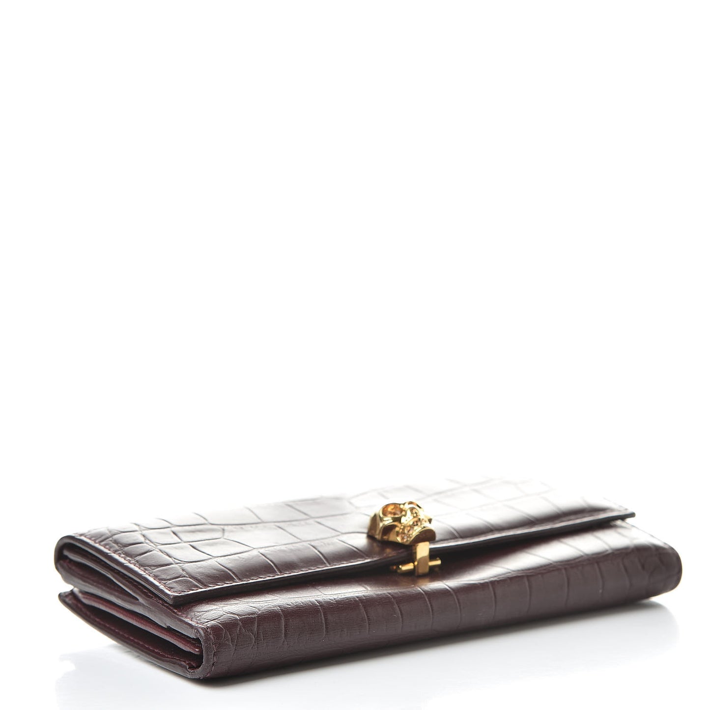 Silky Calfskin Crocodile Embossed Skull Continental Wallet Bordeaux