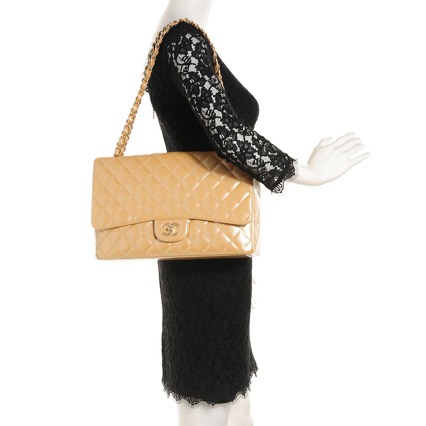 Metallic Patent Quilted Maxi Single Flap Beige