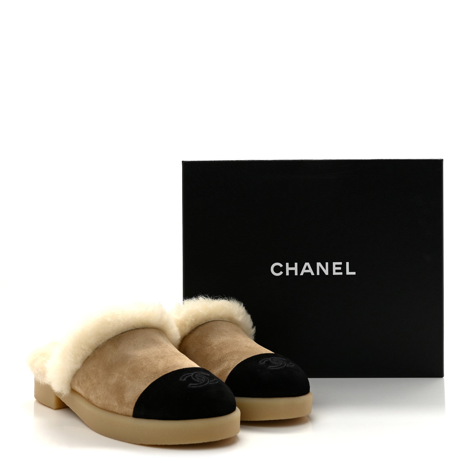 Chanel Suede Shearling CC Cap Toe Mules 40 Beige Black 10 of 10