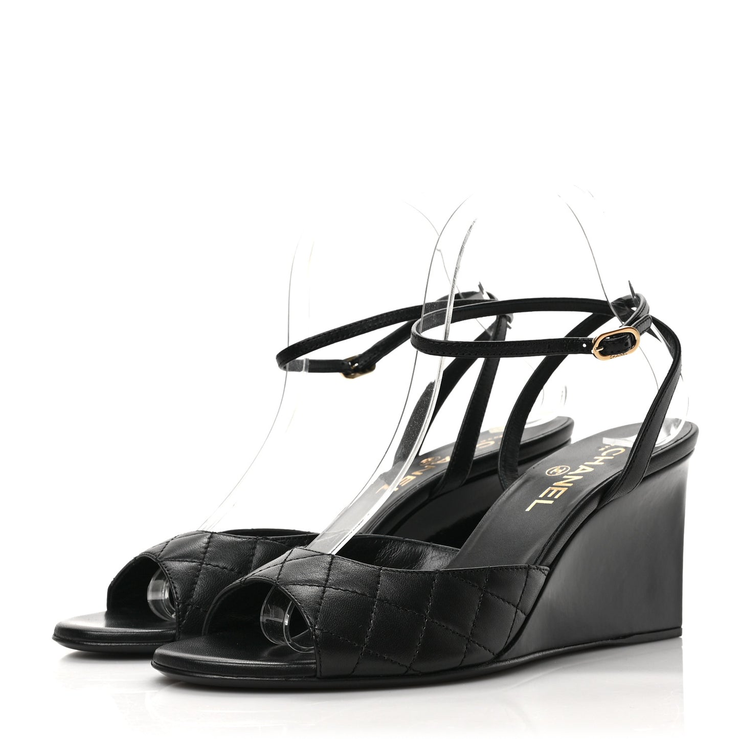 Lambskin Patent Quilted Wedge Sandals 39 Black