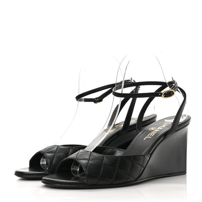 Chanel Lambskin Patent Quilted Wedge Sandals 39 Black 3 of 9