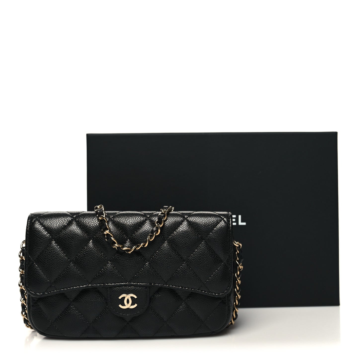 Caviar Quilted Flap Phone Holder With Chain Black