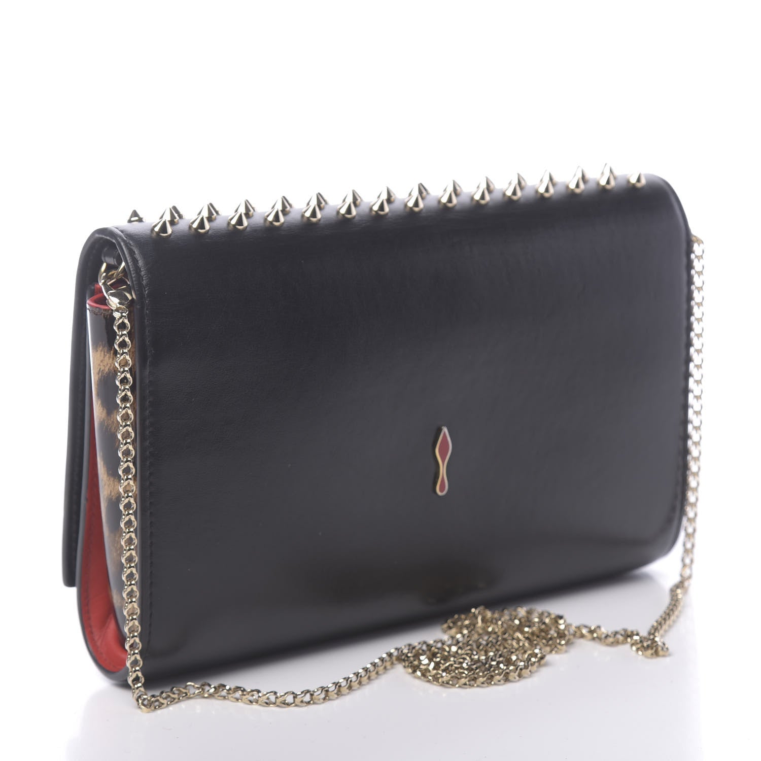 Christian Louboutin Calfskin Patent Leopard Spikes Paloma Clutch Black 3 of 12